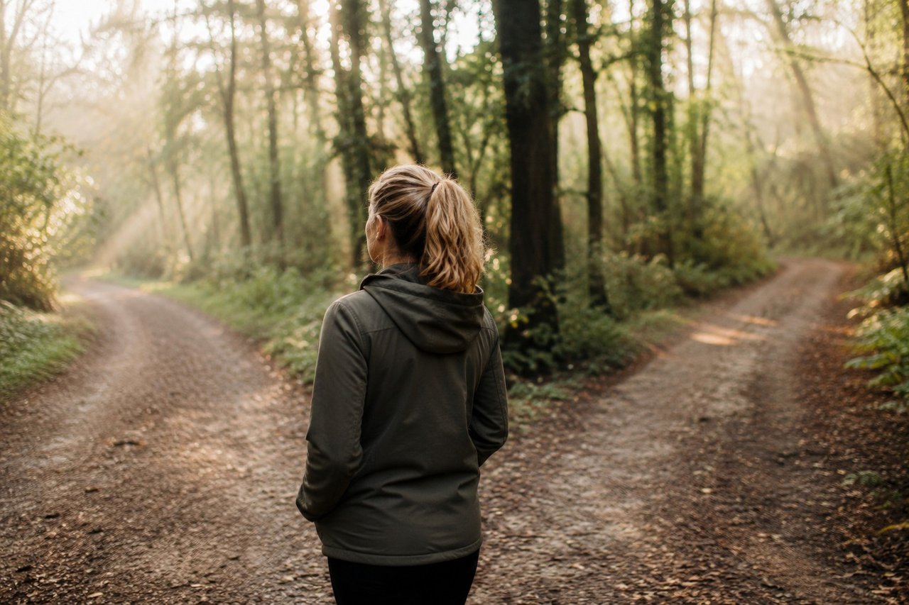 A woman standing where a forest path splits into two